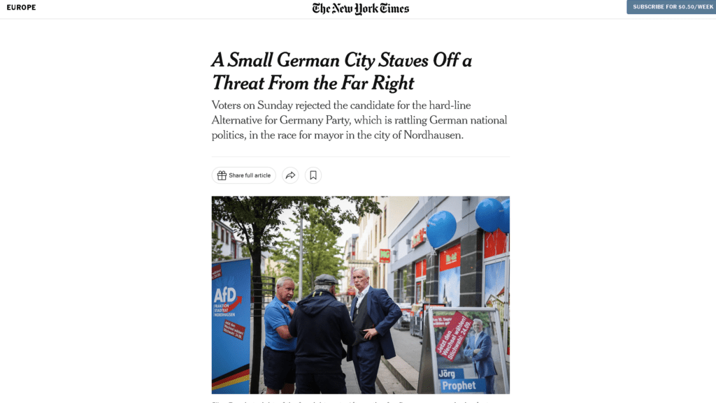 Screenshot NYT - A Small German City Staves Off a Threat From the Far Right