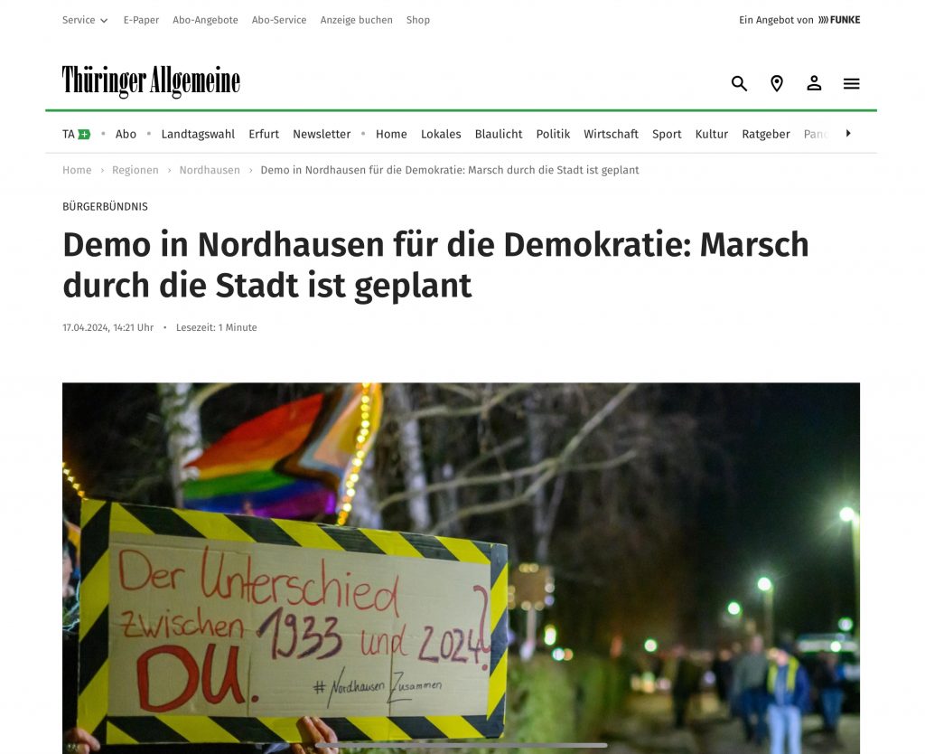 Screenshot vom 19.04.2024, TA: Demo in Nordhausen für die Demokratie: Marsch durch die Stadt ist geplant