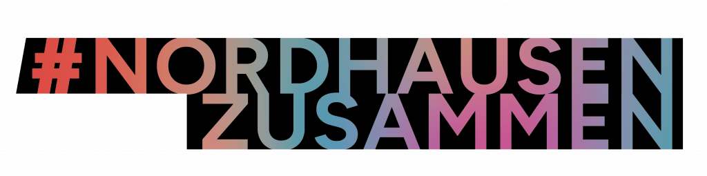 Logo #NORDHAUSENZUSAMMEN - bunter Schriftzug auf schwarzem Grund
