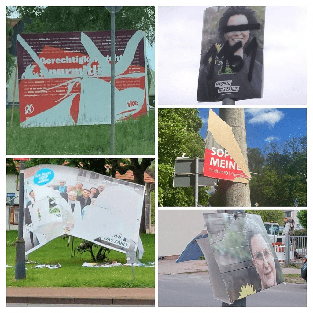 Collage aus 6 Fotos, welche zerstörte und beschmierte Wahlplakate zeigen. Aufgenommen in Nordhausen und Umgebung.