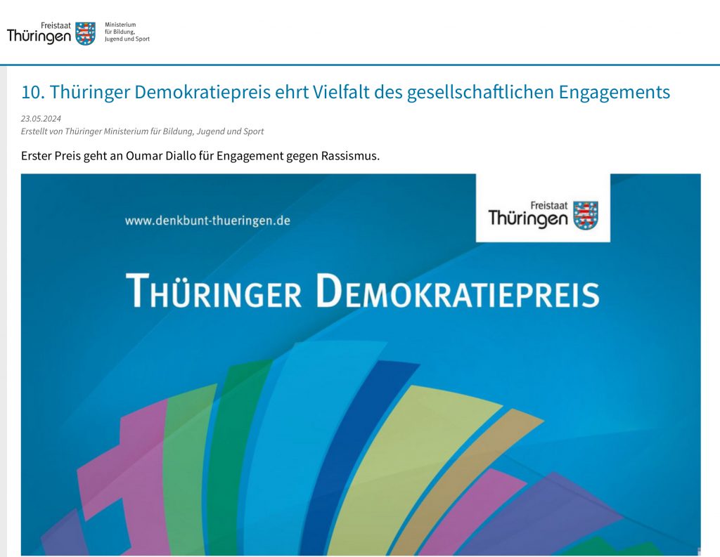 Screenshot TMBJS, 23.05.2024, Illustration mit Text "Thüringer Demokratiepreis"