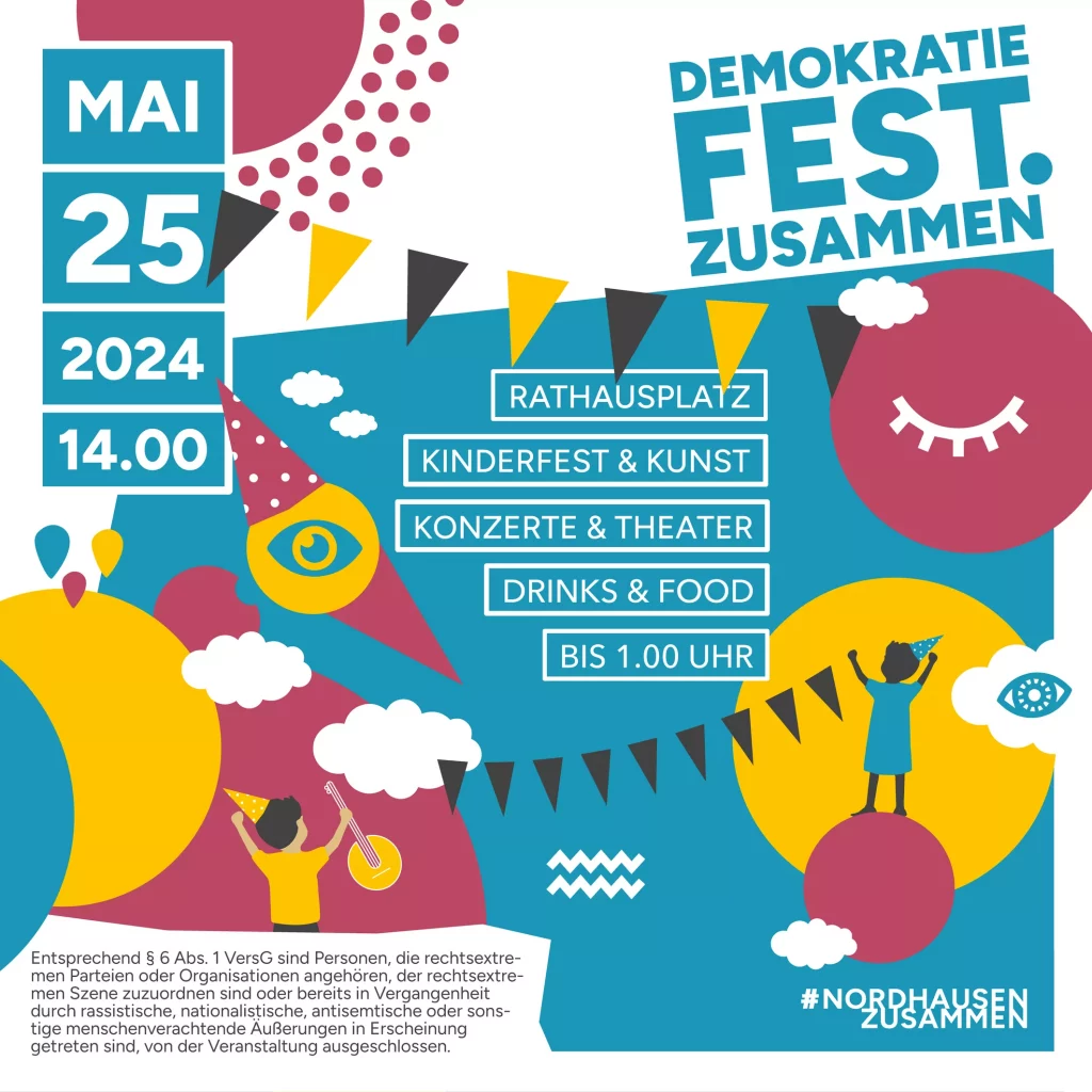 Sharepic mit den wichtigsten Infos zum Fest DEMOKRATIE. FEST. ZUSAMMEN. am 25. Mai 2024